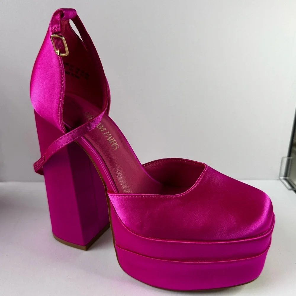 Barbie Hot Pink Platform Block Heel Pumps Satin Ankle Strap Size 8.5